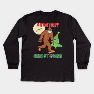 Bigfoot Squatchy Christmas Mask Social Distance. Kids Long Sleeve T-Shirt